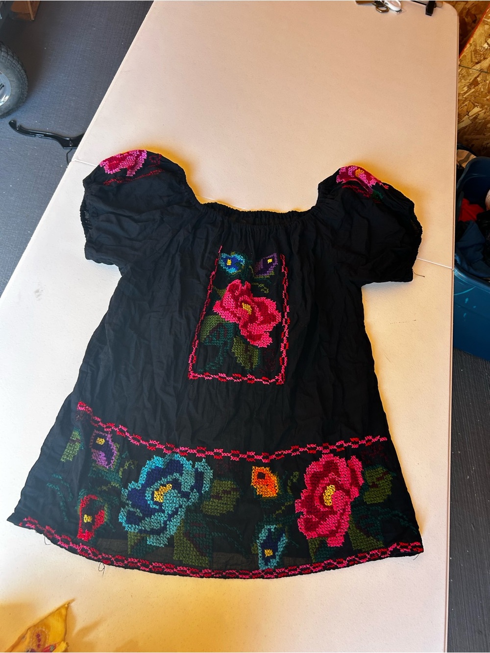 Black Floral Embroidered Peasant Top